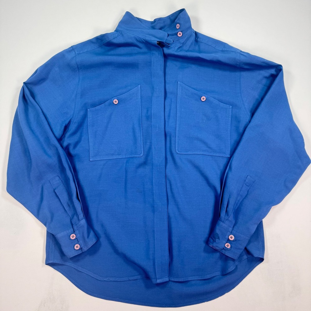 Christian Dior Separates Vintage Blue Rayon Wool High Neck Blouse Size 10
